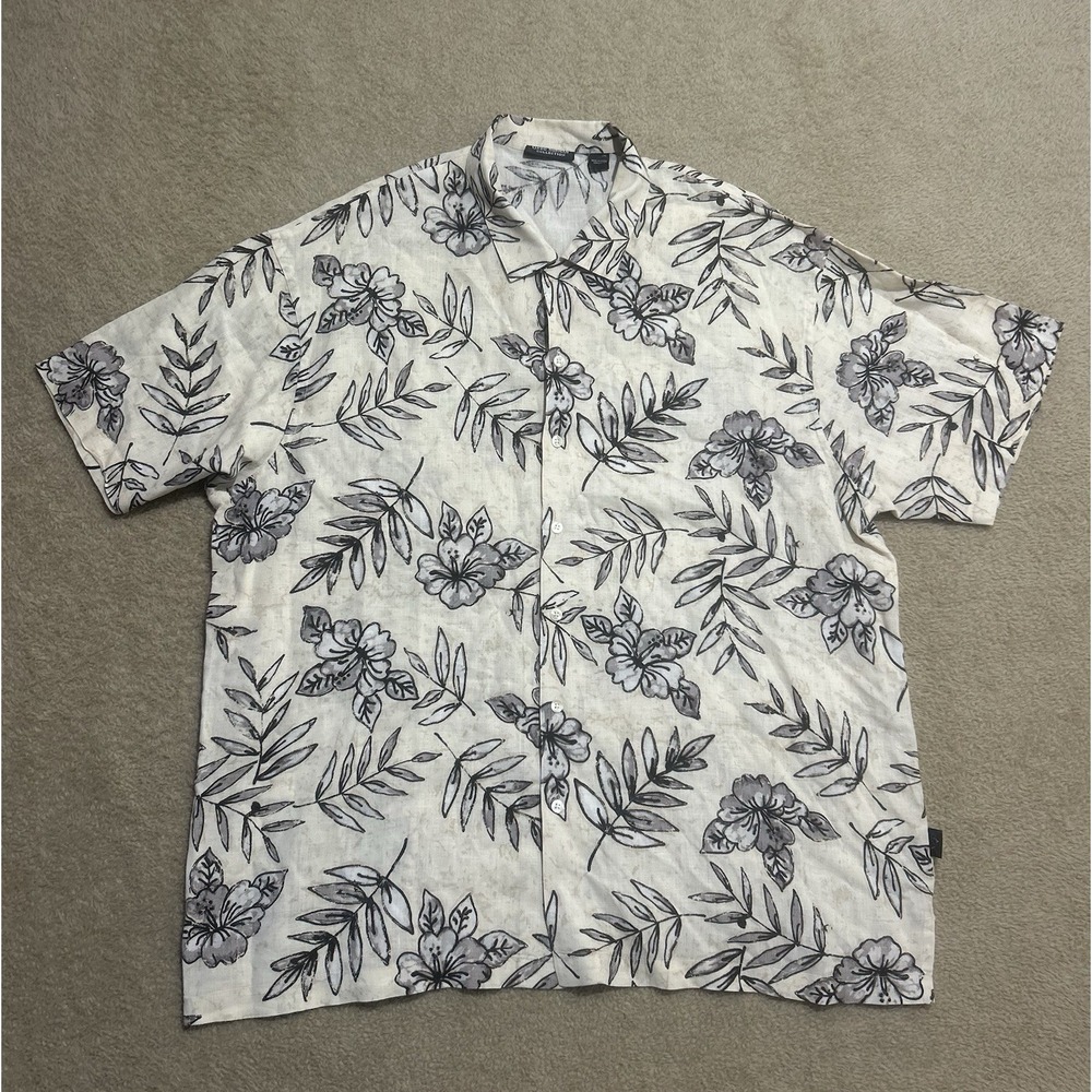 Greg Norman Collection Men's XL Tan‎ Hawaiian Golf Button Up Shirt Linen Floral